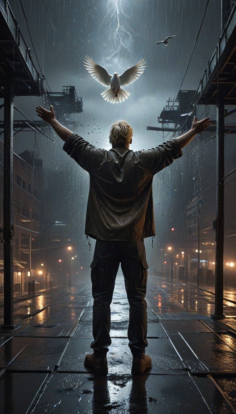 Man in Rain on Steel Gantry at Night