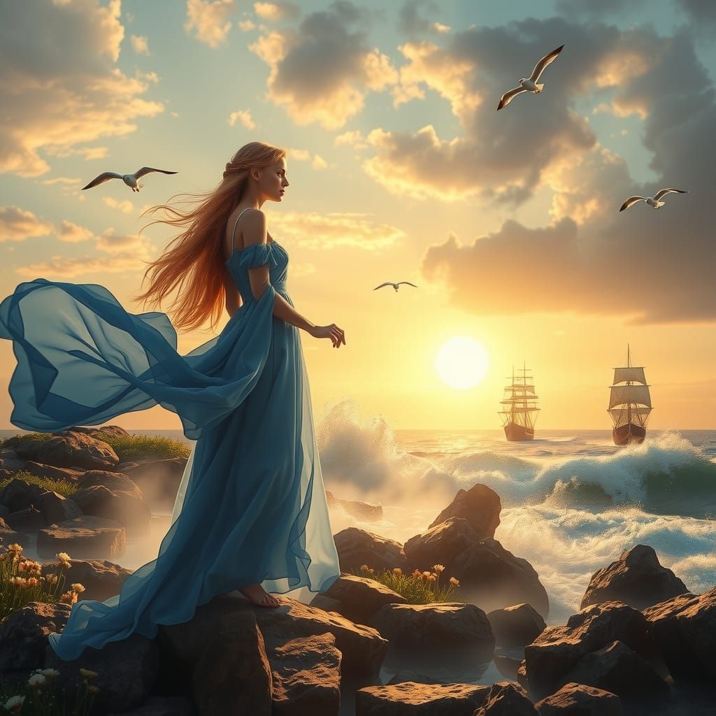 Lady on Rocky Shore with Sailing Ship