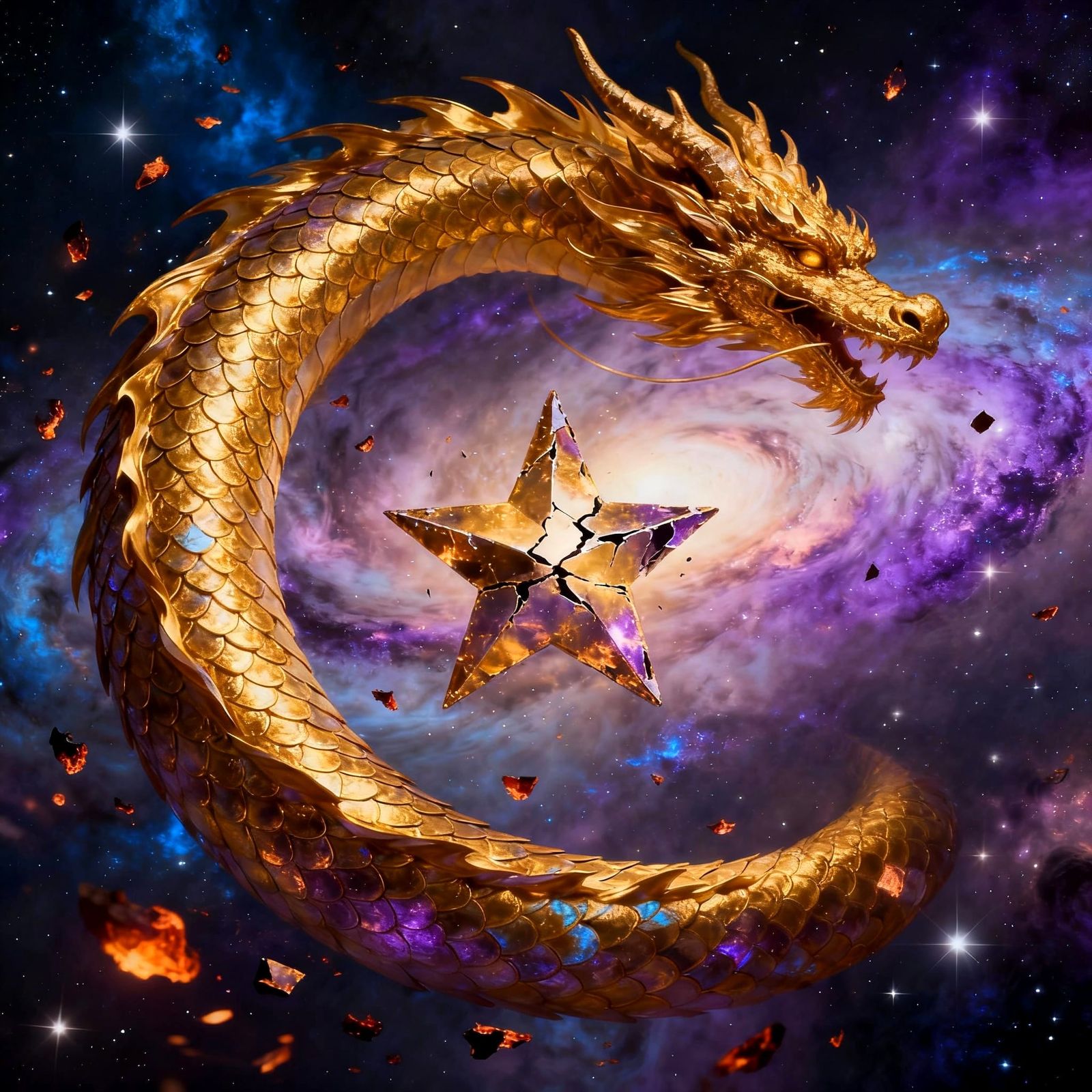 Ancient Dragon Coiled Around Shattered Star in Cosmic Scene