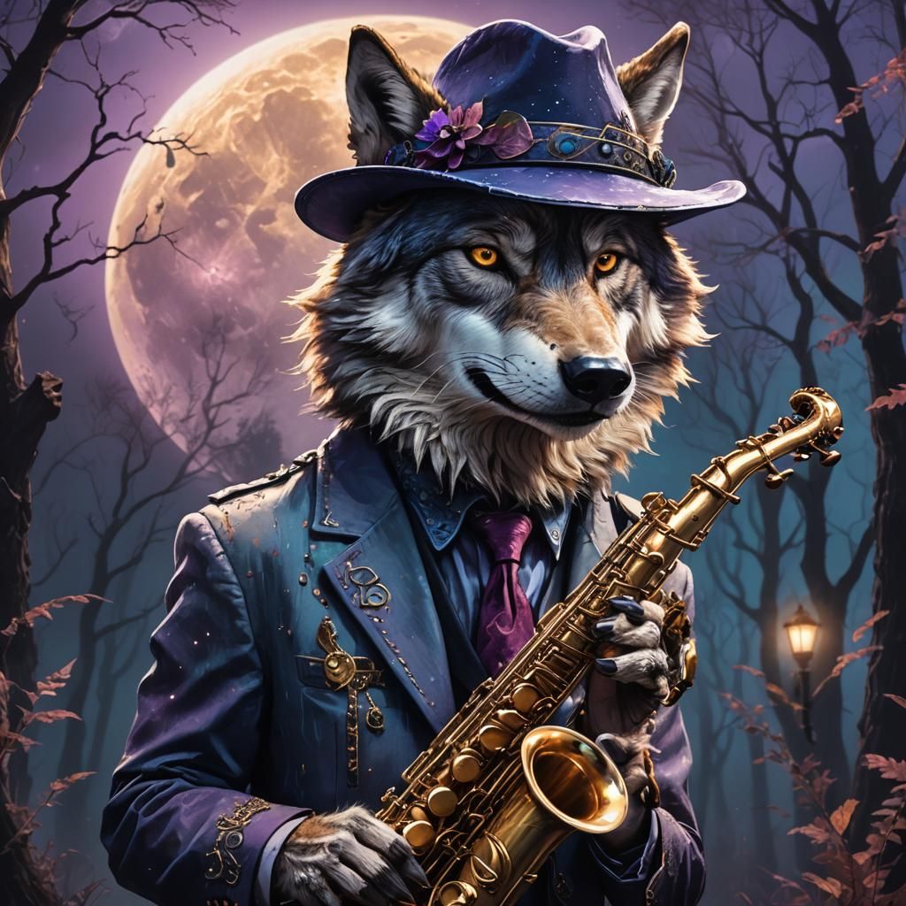 Wolf Saxophonist in Moonlight Fantasy Concept Art