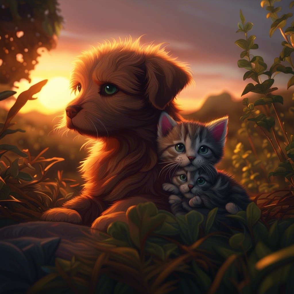 Kitten and Puppy Cuddling at Sunset