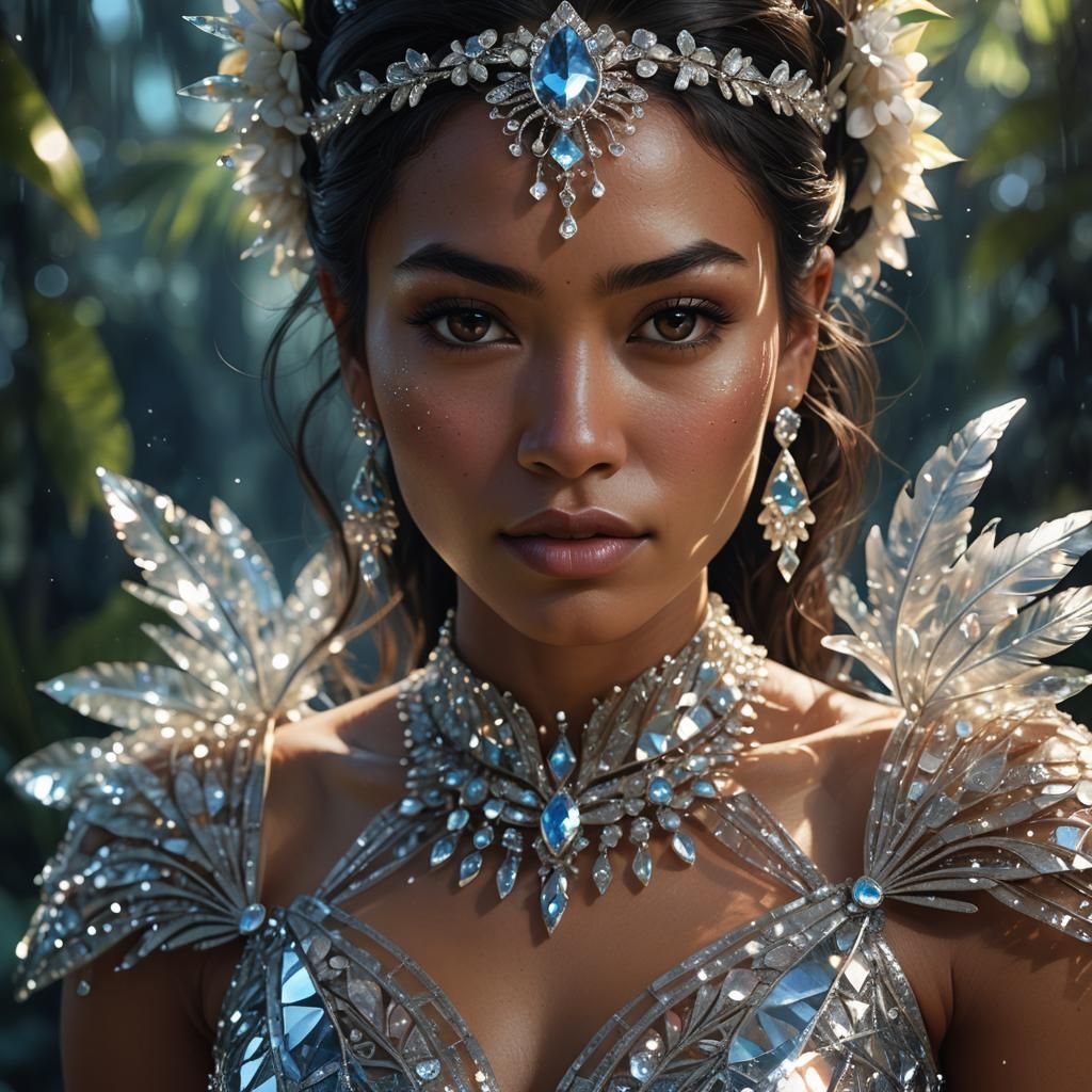 Hyperrealistic Portrait of Polynesian Girl in Crystal Gown