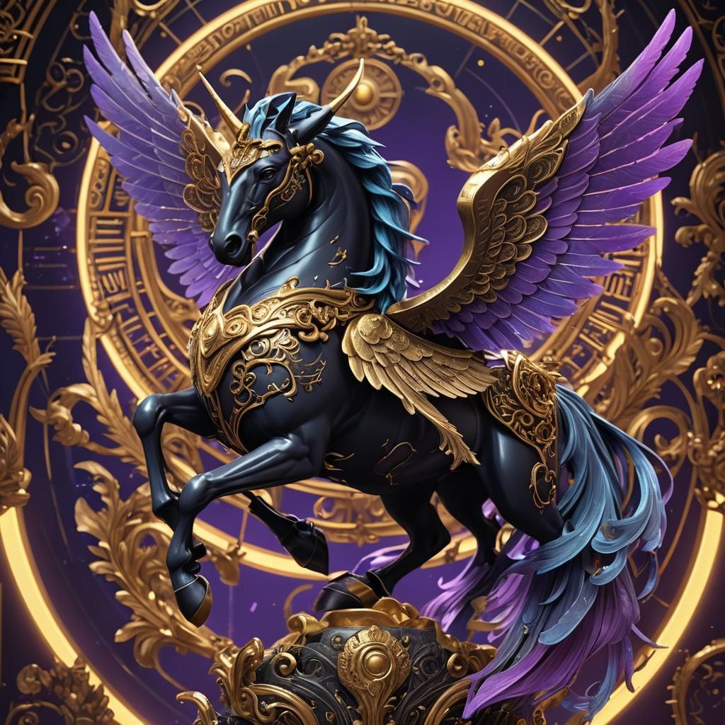 Black Pegasus with Golden Horn in Anime Style