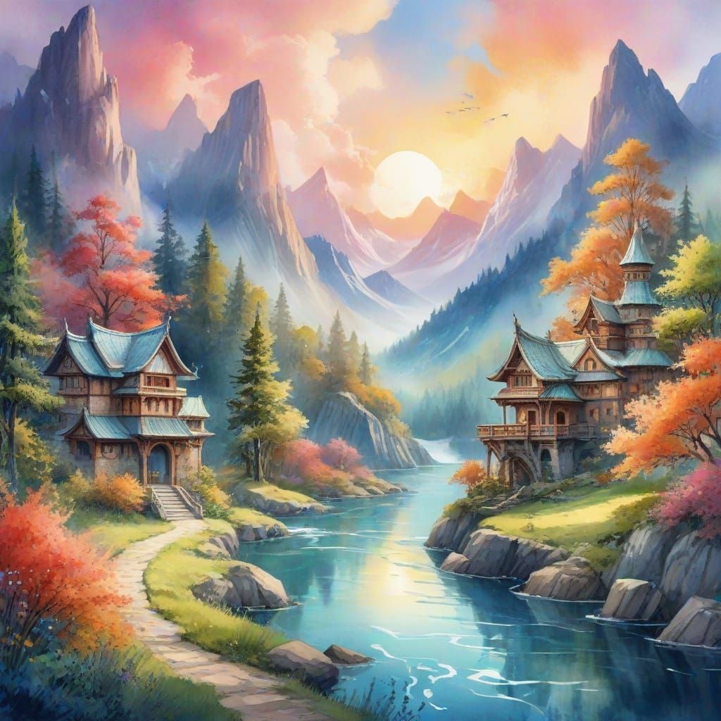 Whimsical Watercolor Fantasy Scene with Swirling Pigments an...