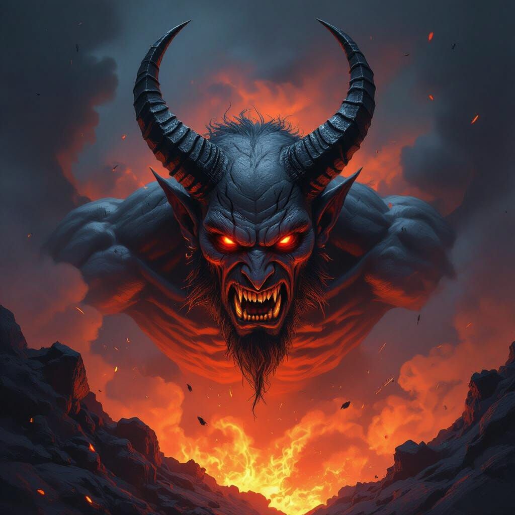 Demon Emerging From Volcano In Dark Fantasy Art Style