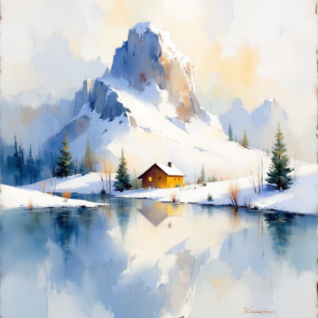 Norwegian Mountain Mirrored in Lake: Watercolor Painting
