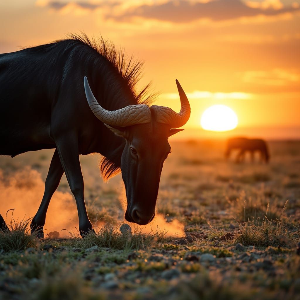 Majestic Wildebeest Grazing on African Savanna at Sunset