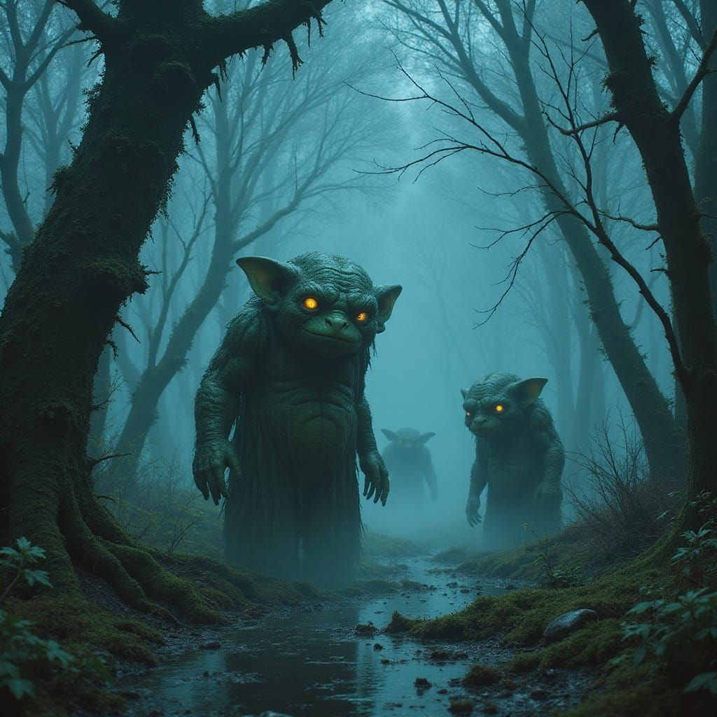 Bioluminescent Goblin Folk in Eerie Alien Swamp