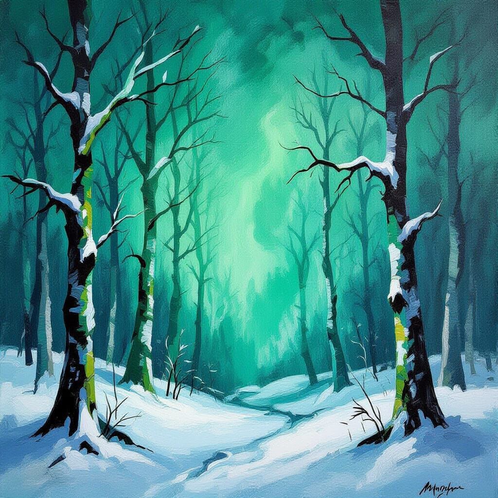 Expressionist Winter Forest Landscape with Emerald Mist