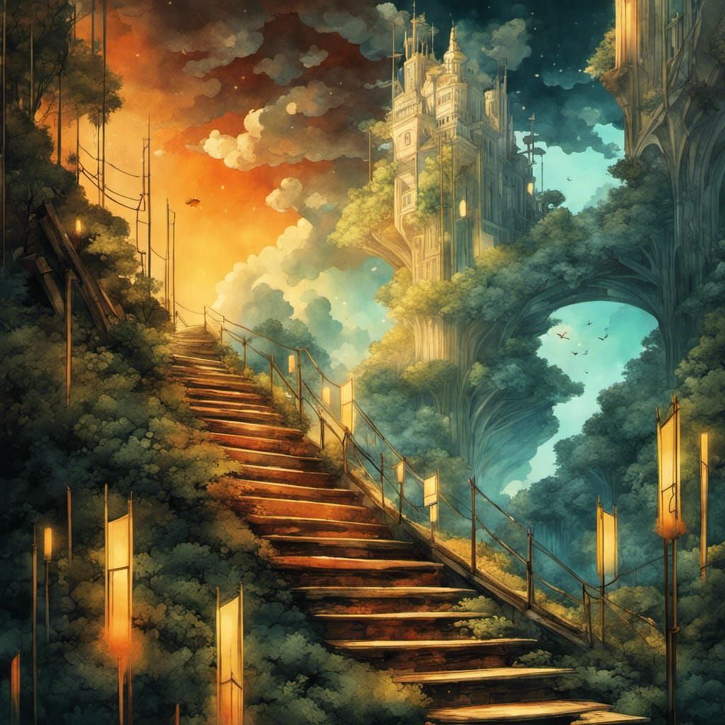 Surreal Staircase Landscape in Anime Realism Style