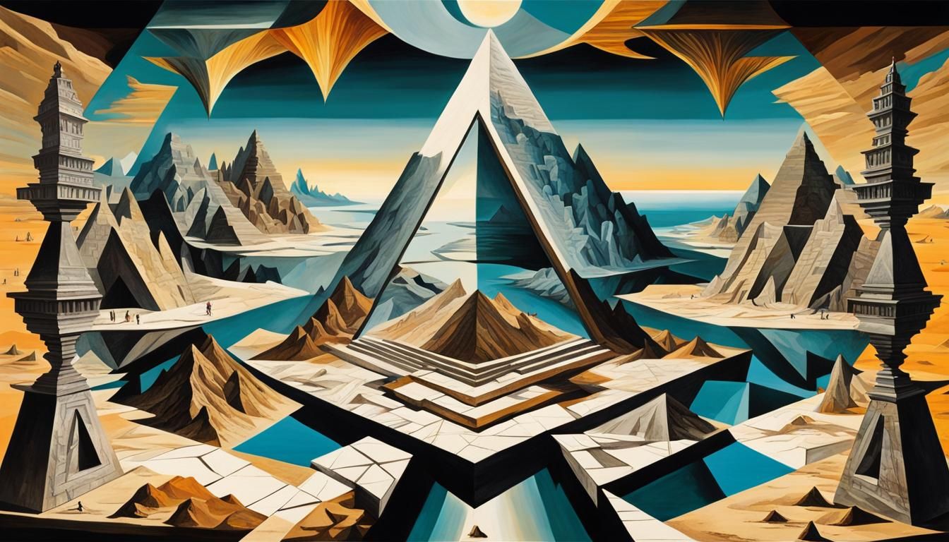 Surreal Landscape with Impossible Geometry and Marble Statue...