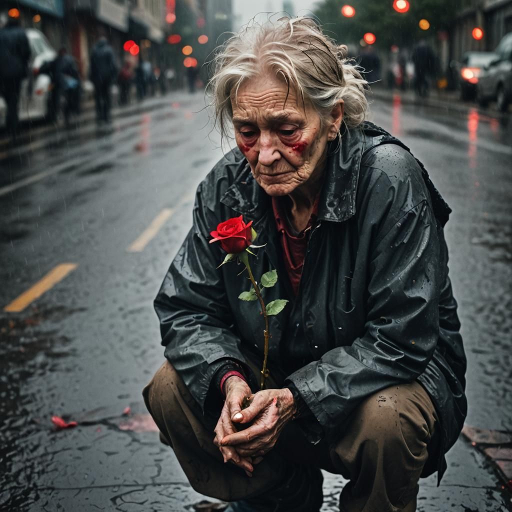 Homeless Woman Squats with Rose: Street Photography