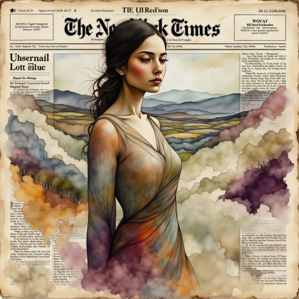 Ethereal Portrait on Ancient Newspaper