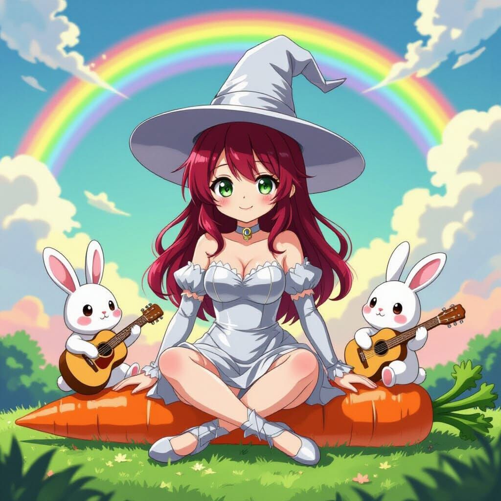 Anime Witch on Carrot Under Rainbow Sky in Manga Style