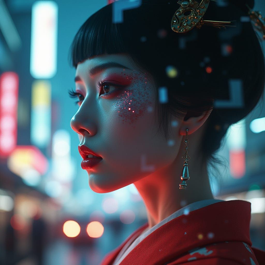 Cyberpunk Cityscape Meets Traditional Geisha in a Gritty, Ci...