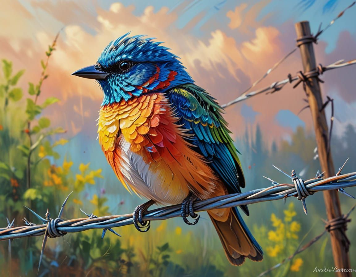Colorful Bird Perched on Barbed Wire: Impasto Oil