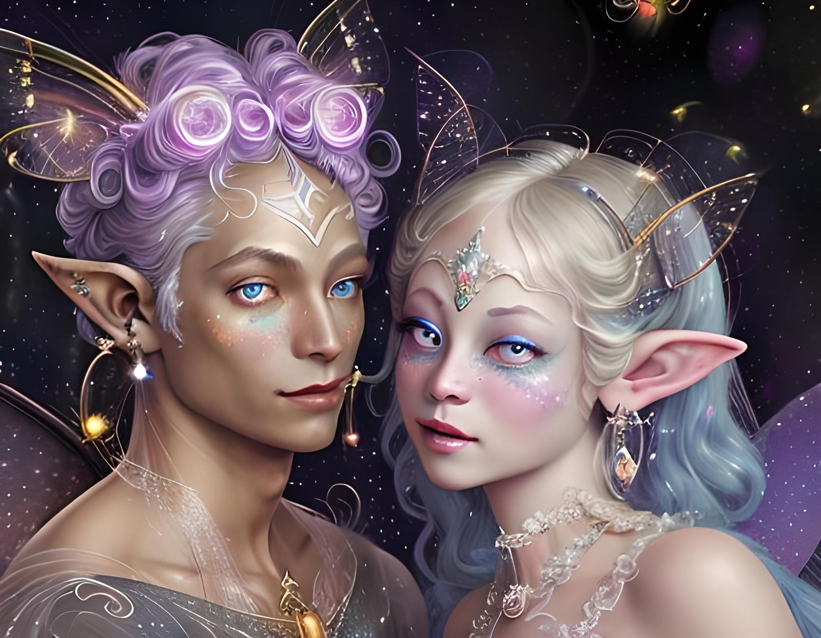Faerie and Moon Lovers in Rococo Starscape