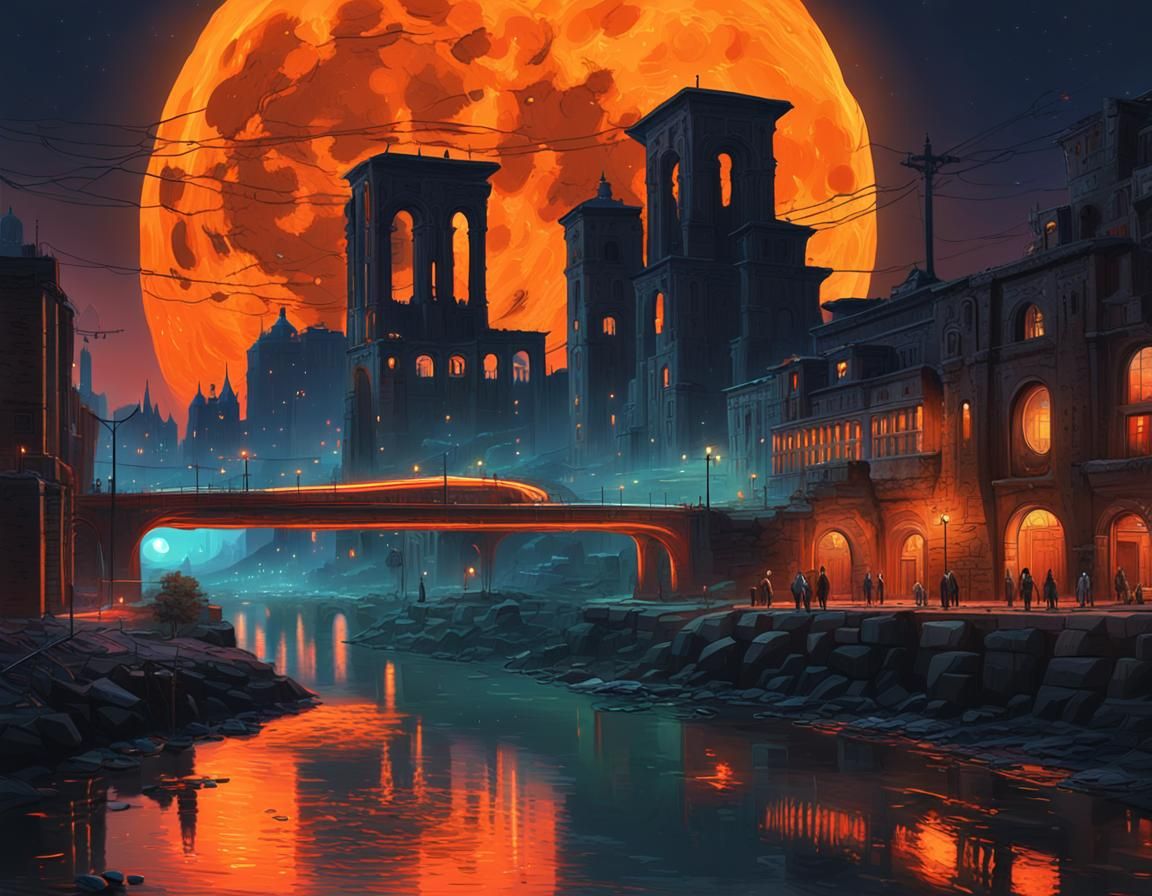 Orange Moon Over Romanesque City, Neo-Impressionist Painting