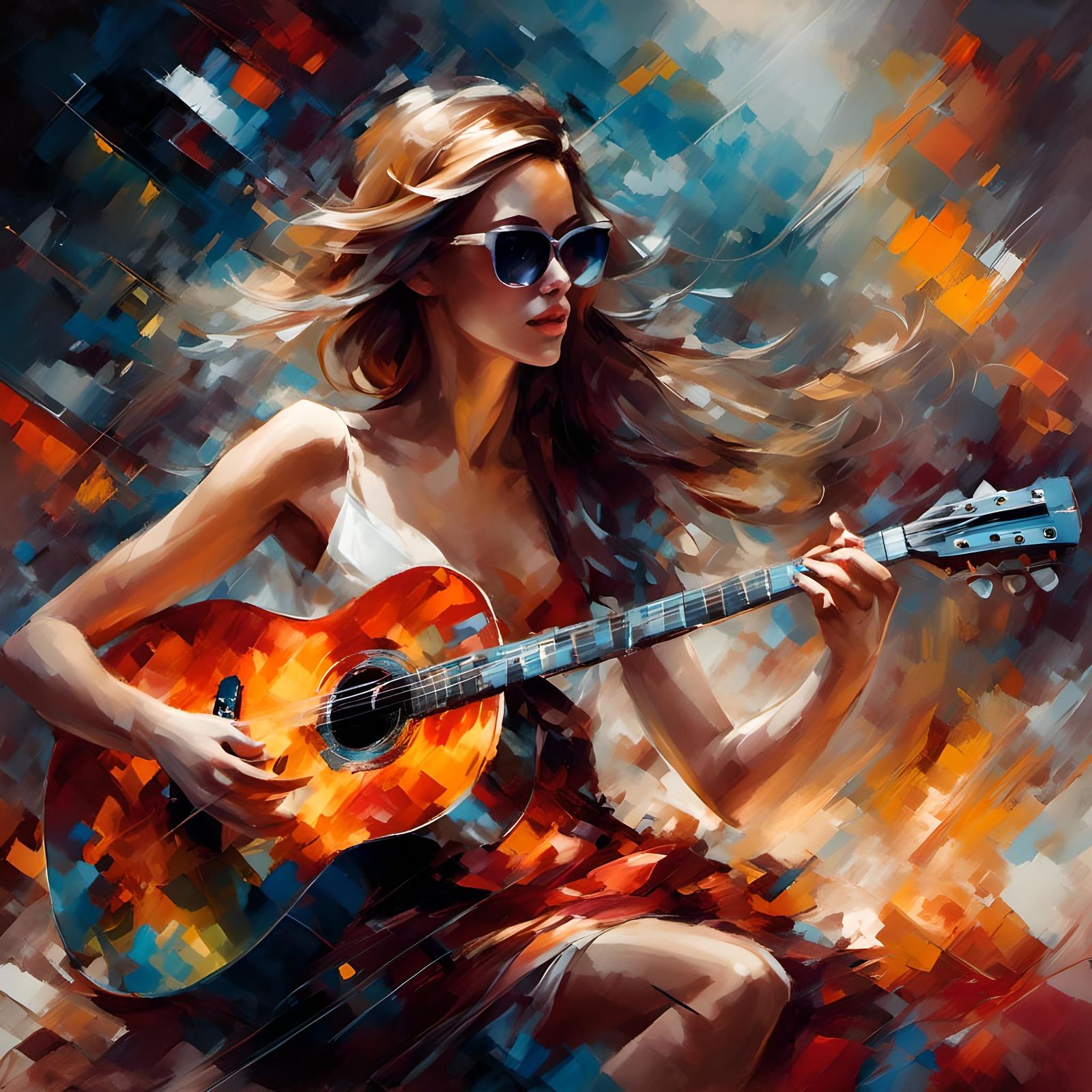Woman Playing Guitar in Vibrant Digital Art Style