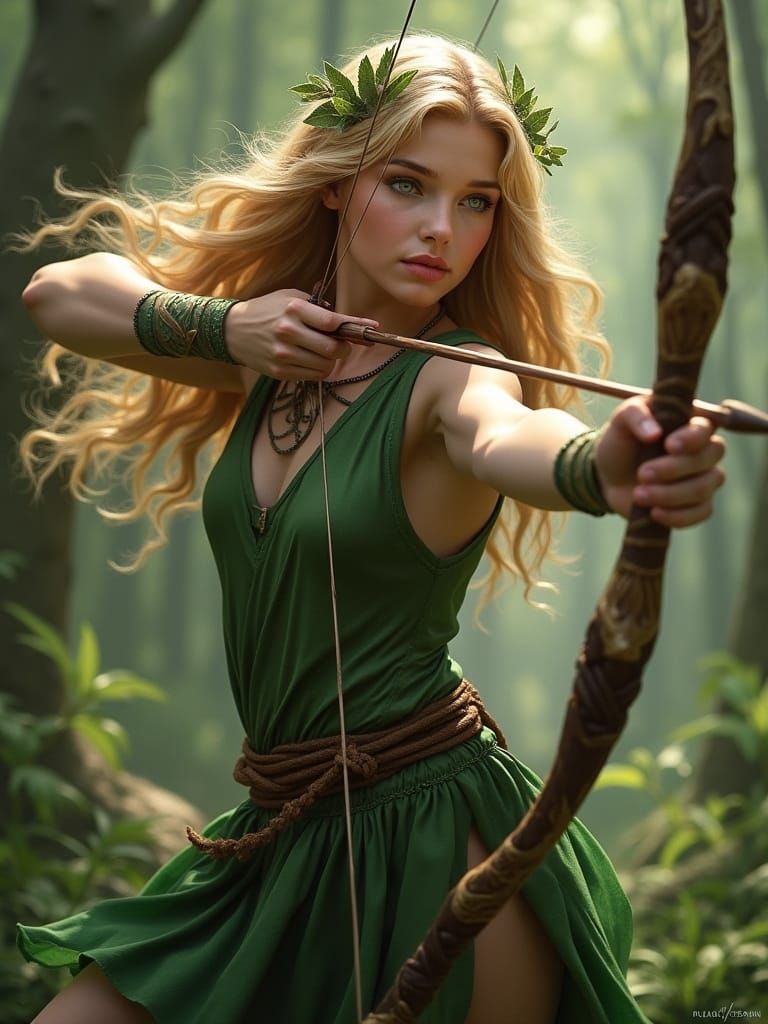 Goddess Artemis in Lush Forest, Photorealistic Style