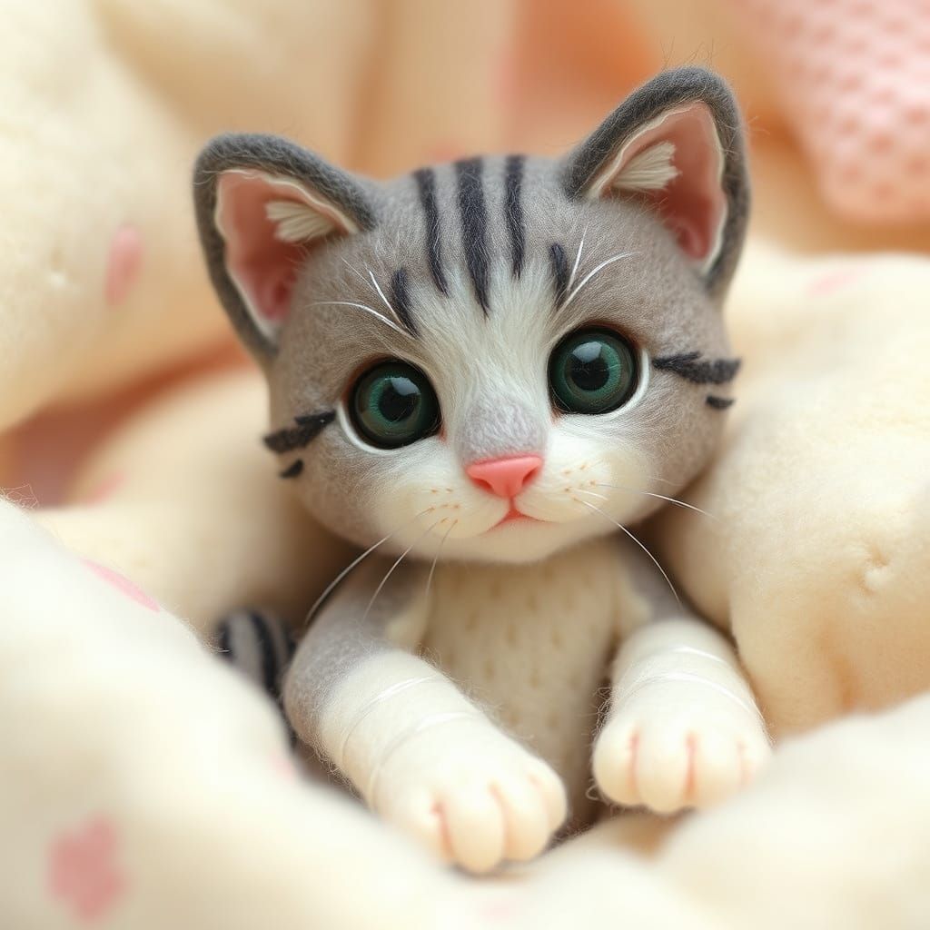 Handcrafted Felt Kitten Inspired by Folk Art
