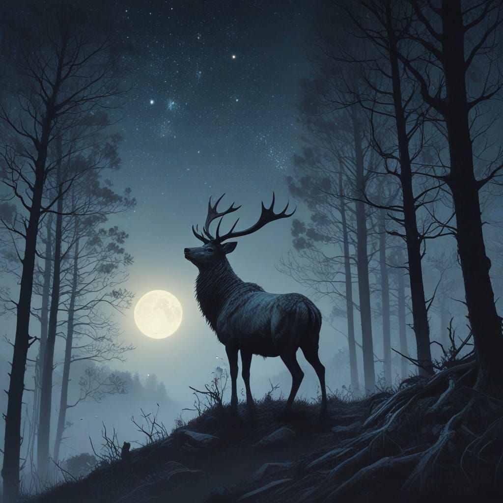 Majestic Stag in Moonlit Forest