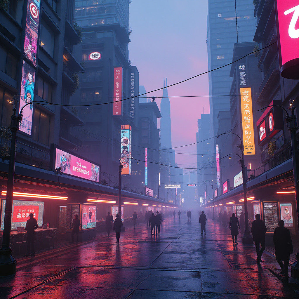 Futuristic Vaporwave Plaza at Dusk: Matte Painting