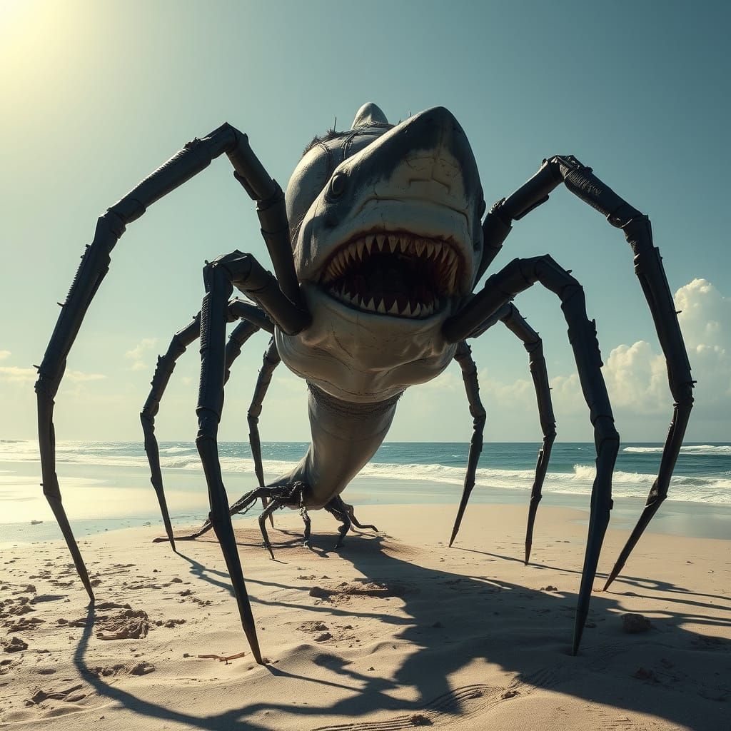 Dark Surreal Arachnid-Shark Emerges from Beach Shadows