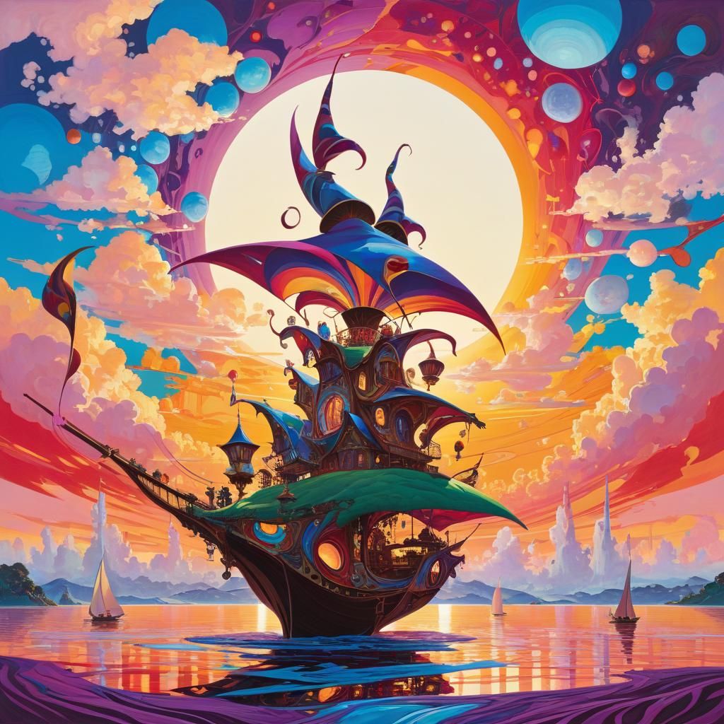 Sunset Jester in Surrealist Fantasy Landscape