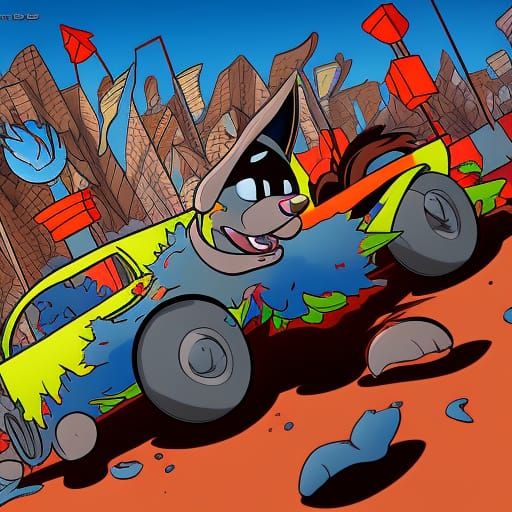 Cartoon Dogs Demolition Derby in Comic Book Style