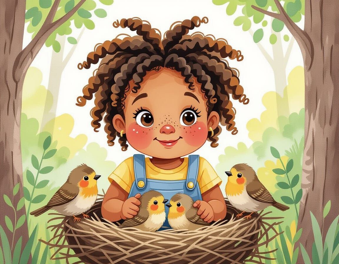 Girl and Campers Find Bird Nest, Watercolor Style