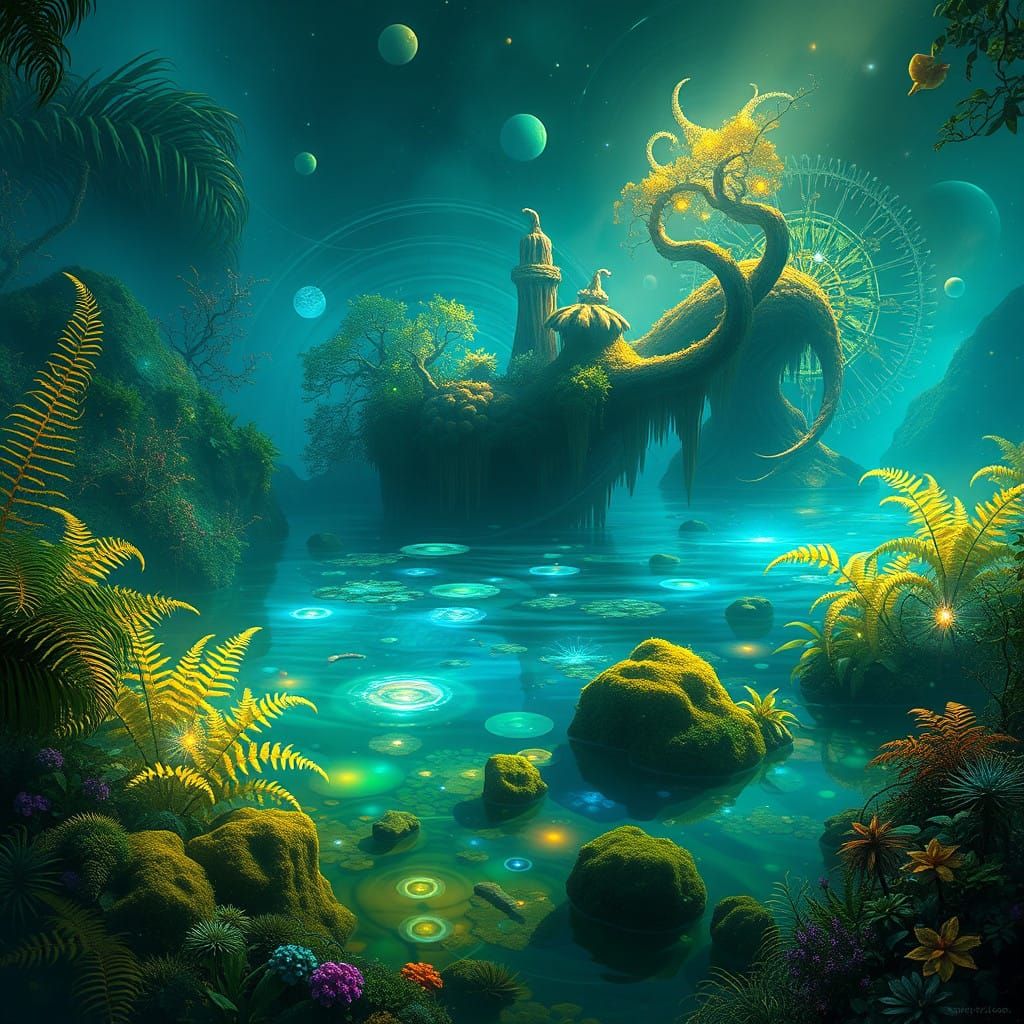 Ethereal Dawn of Evolution in a Lush, Futuristic Landscape