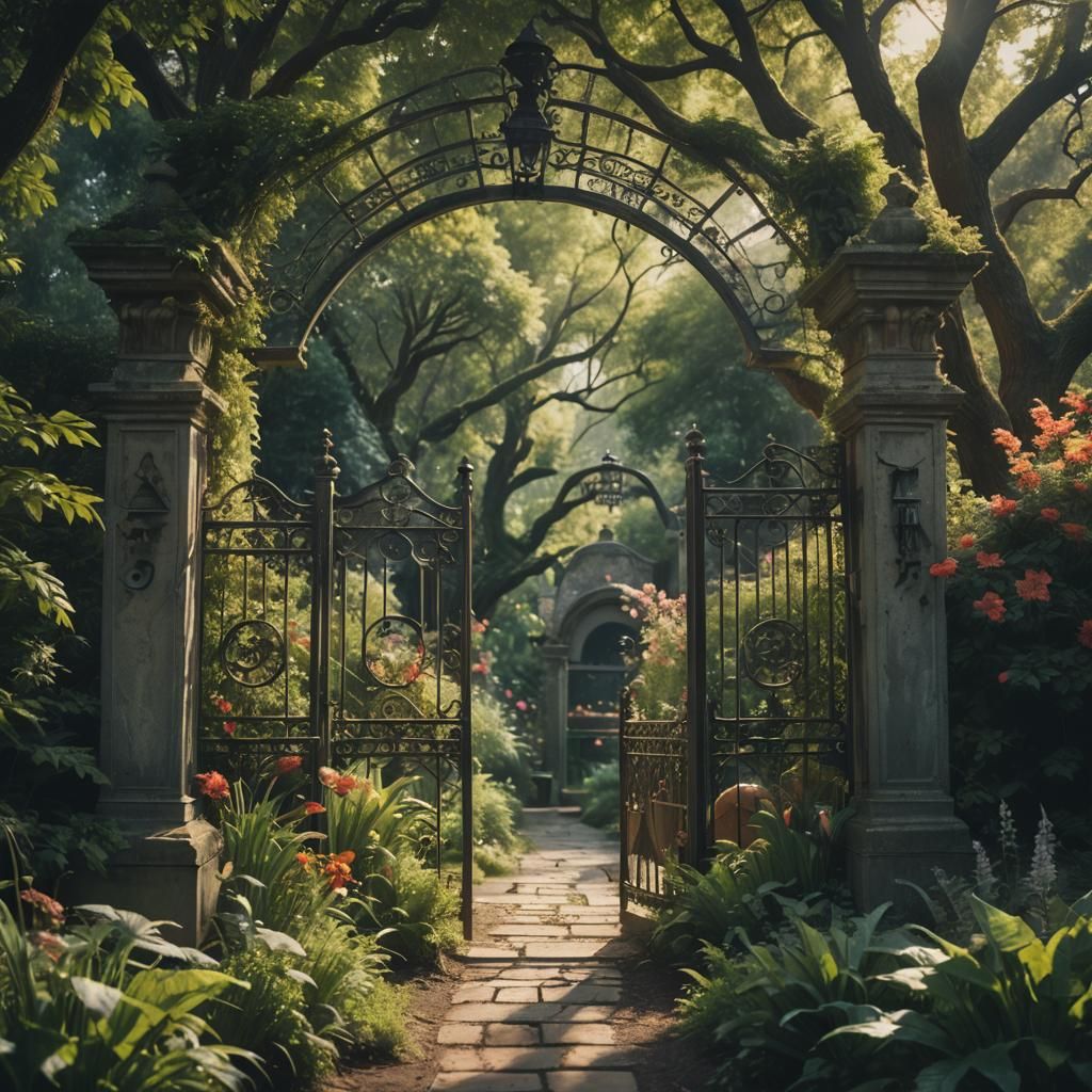 Cinematic Garden Gates with Film Grain Effect