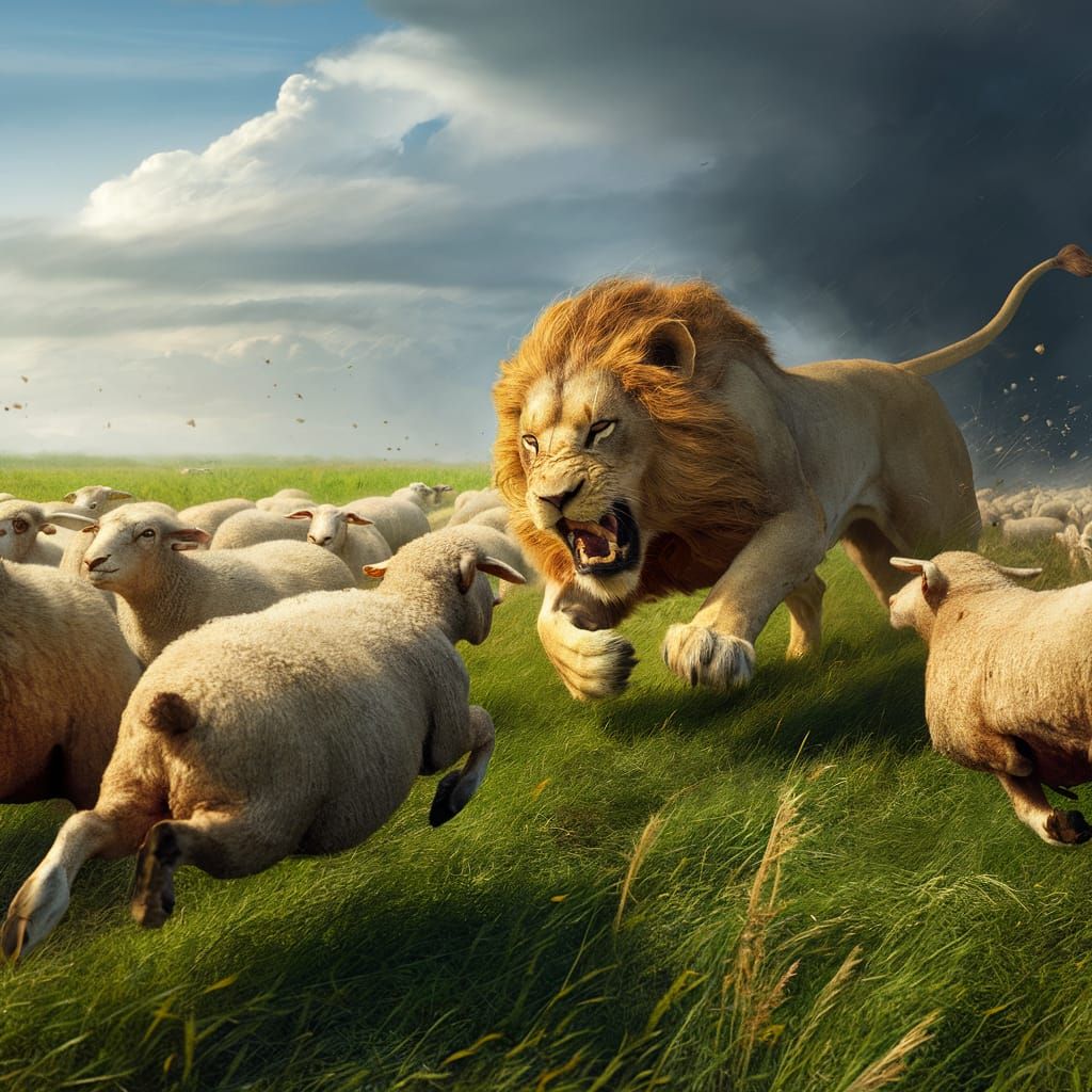 Lion Attacks Sheep in Stormy Field