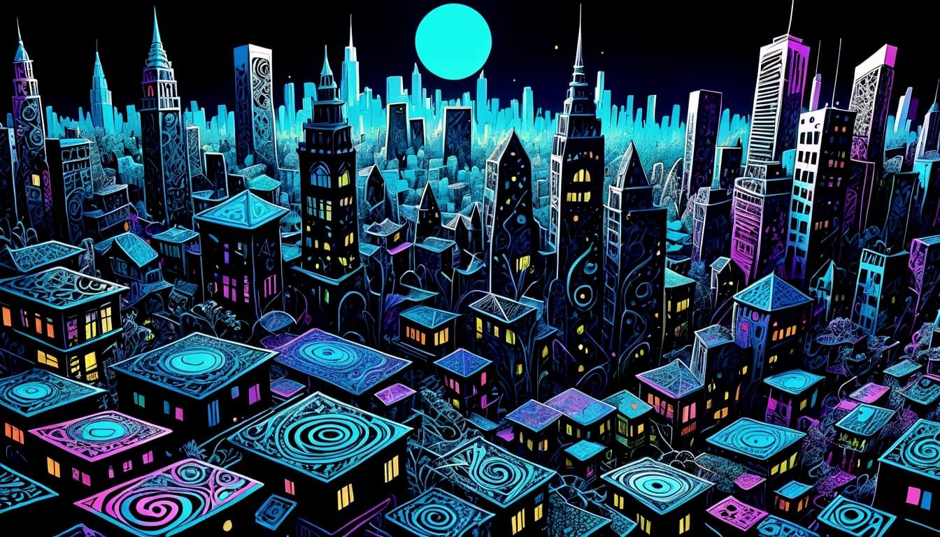 Hyper-Detailed Ink Splash Cityscape in Psychedelic UV Style