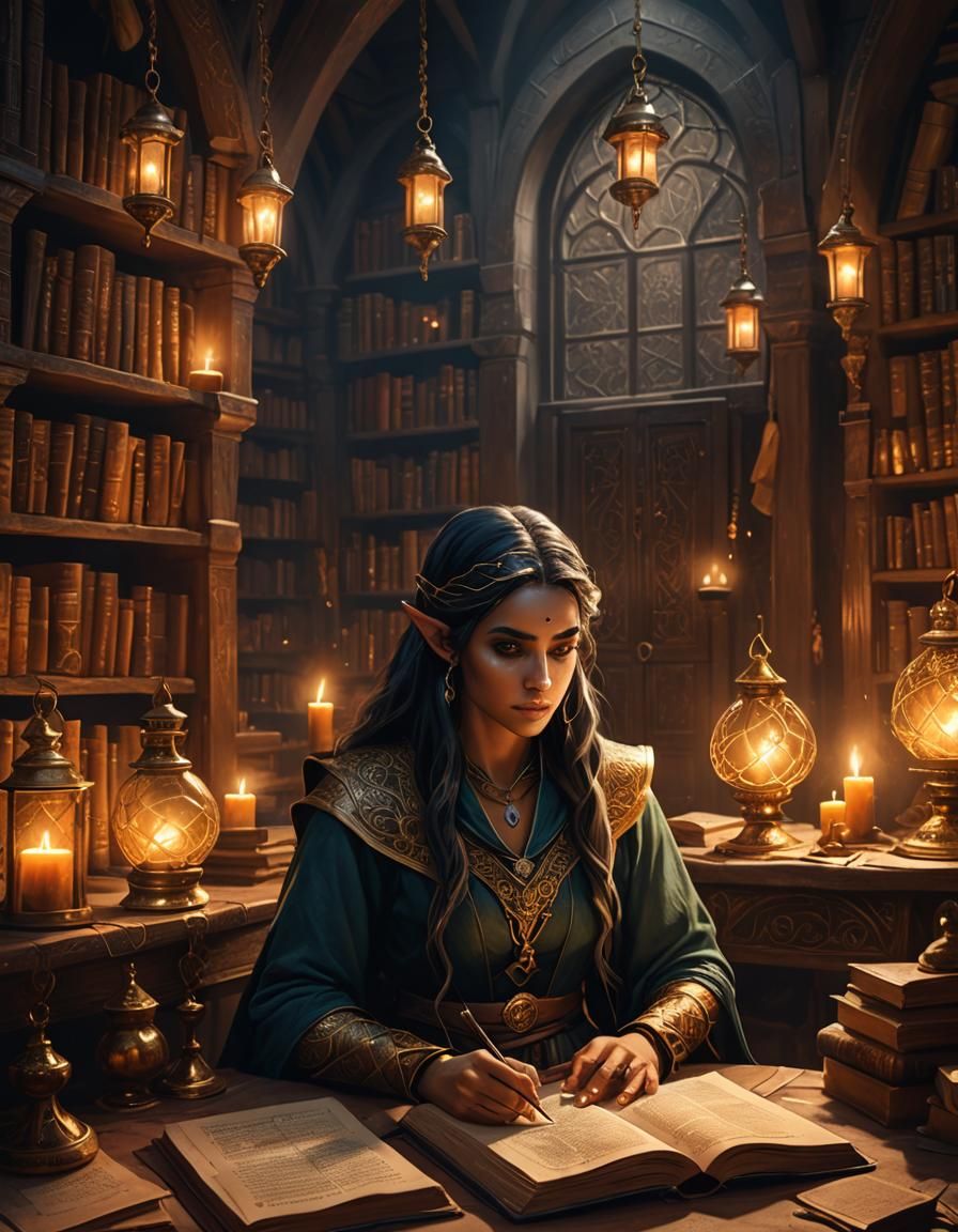 Arabian Elf Mage Studying Ancient Tomes