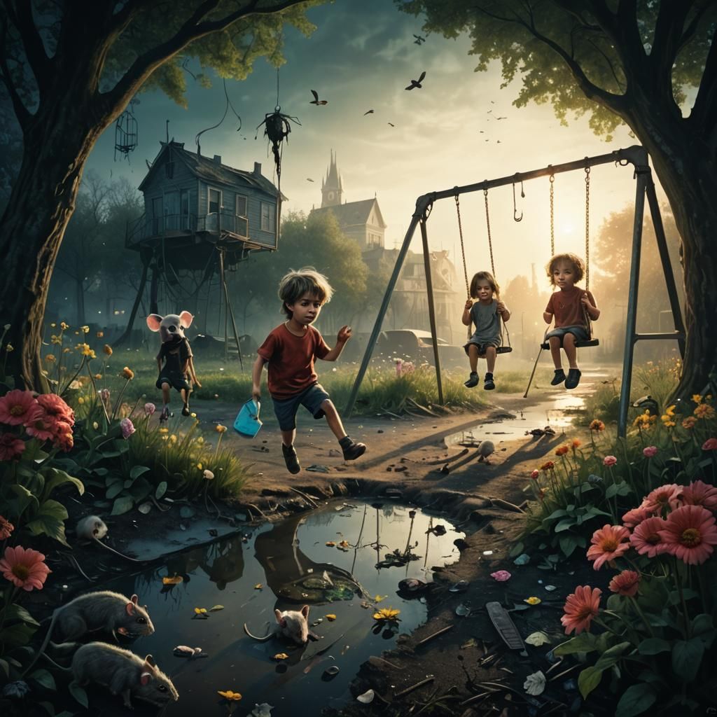 Eerie Surrealism: Children Play by Polluted Stream