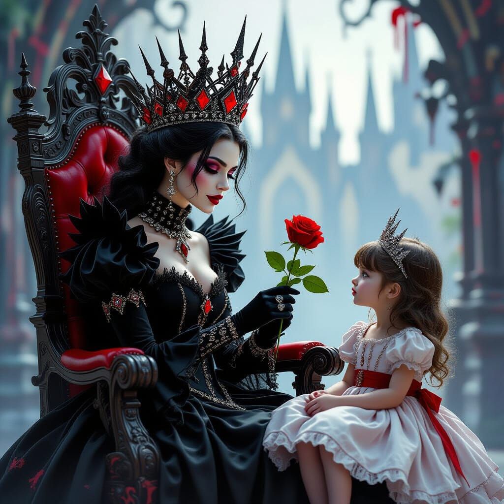 Gothic Queen Offers Rose to Poor Girl on Throne