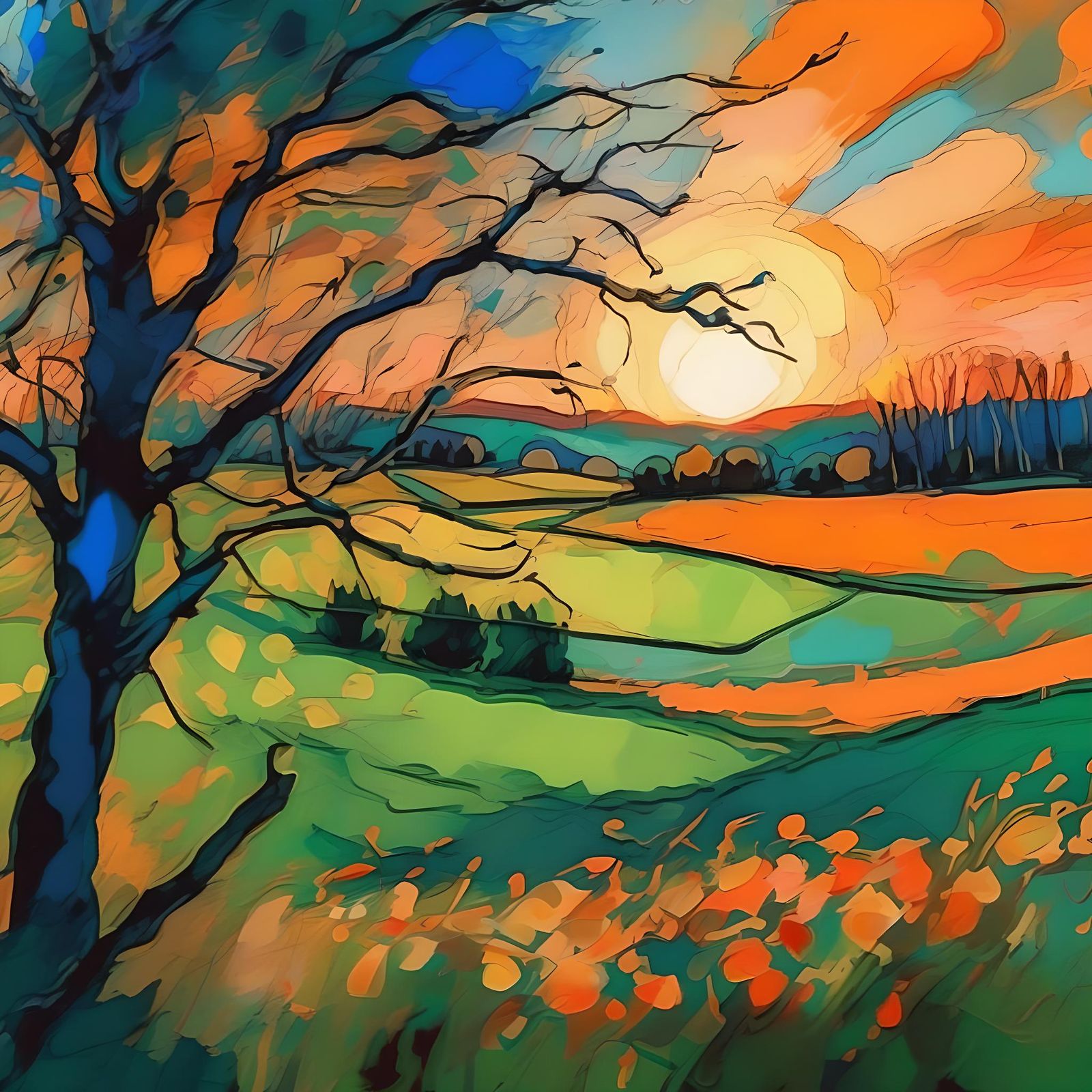 Sunset Over Fields in Modern Ink Painting Style
