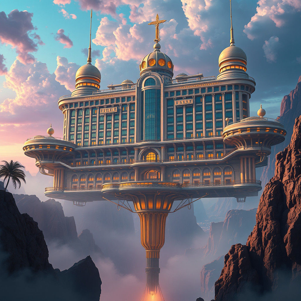 Surreal Floating Hotel Concept Art in Dreamlike Style