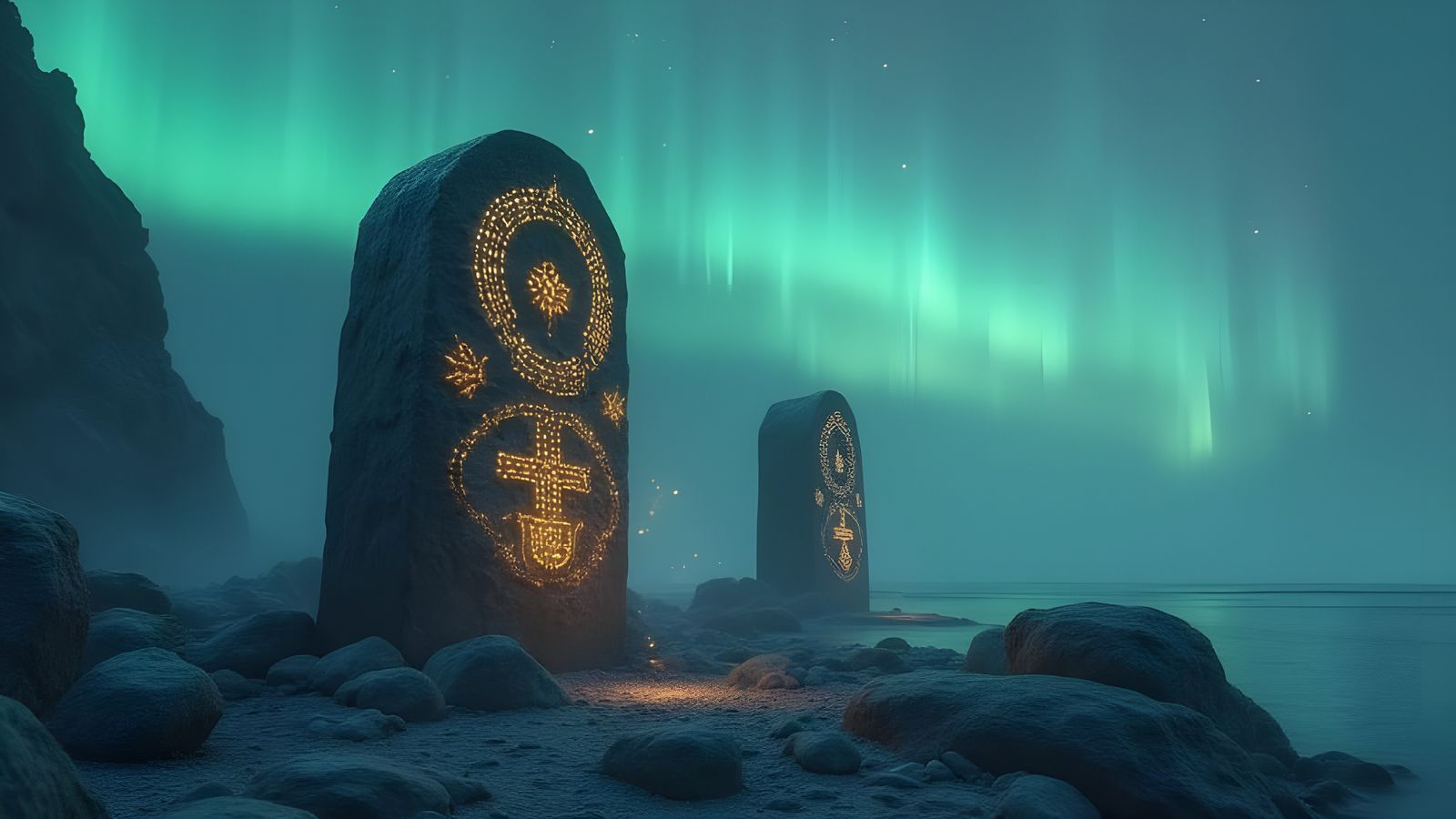 Nordic Runestones Under Aurora in Cinematic Style