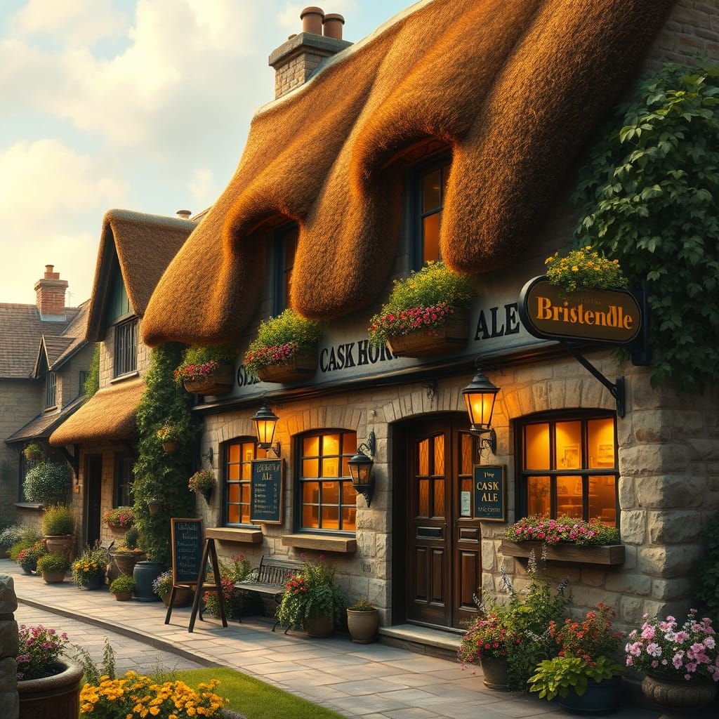 Charming English Village Pub in Warm Golden Light