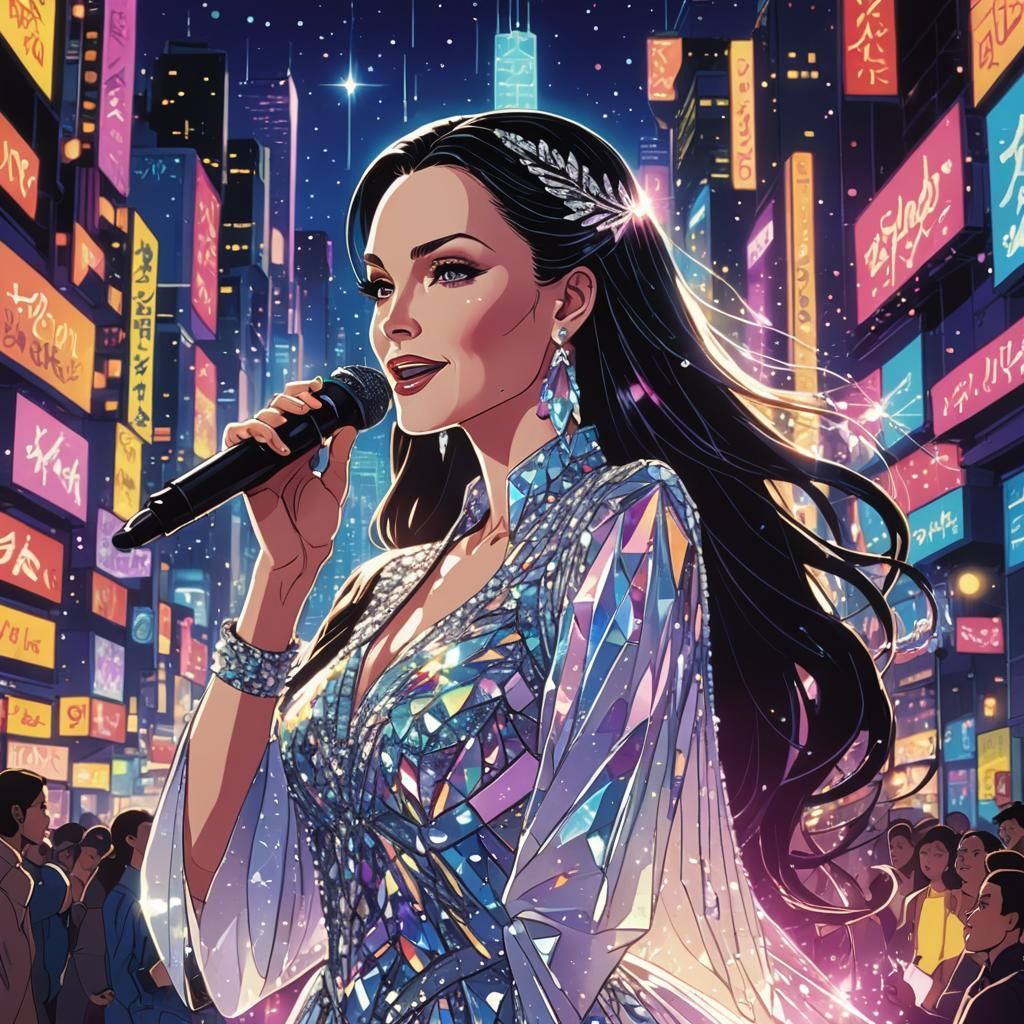 Crystal Gayle Anime Concert in Neon Cityscape