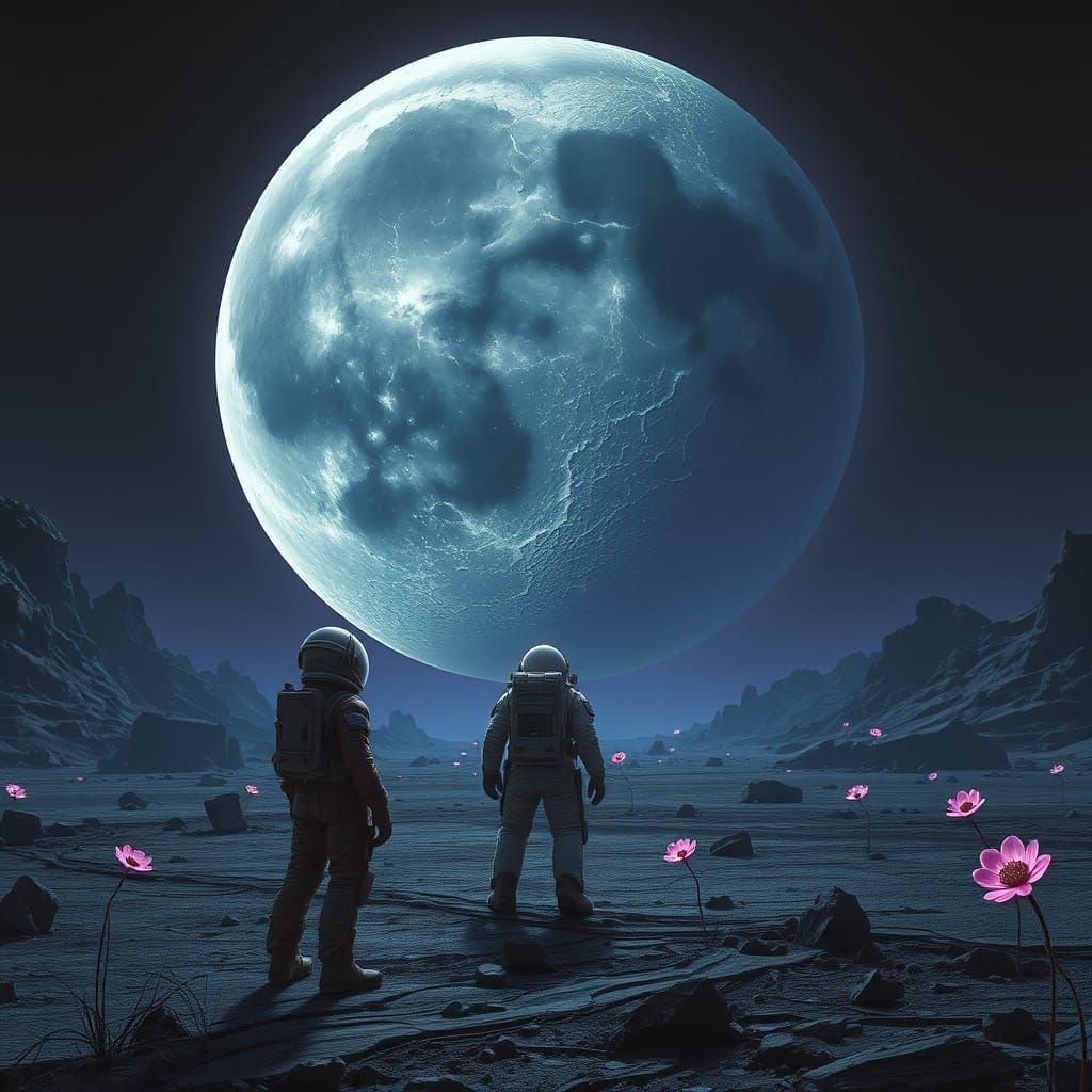 Astronaut on Alien Planet Gazing at Scarred Moon