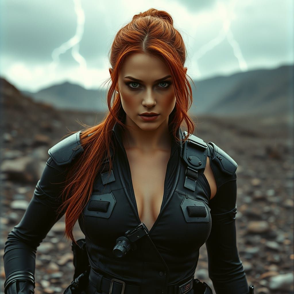 Redhead Woman in Tactical Gear Amidst Thunderstorm