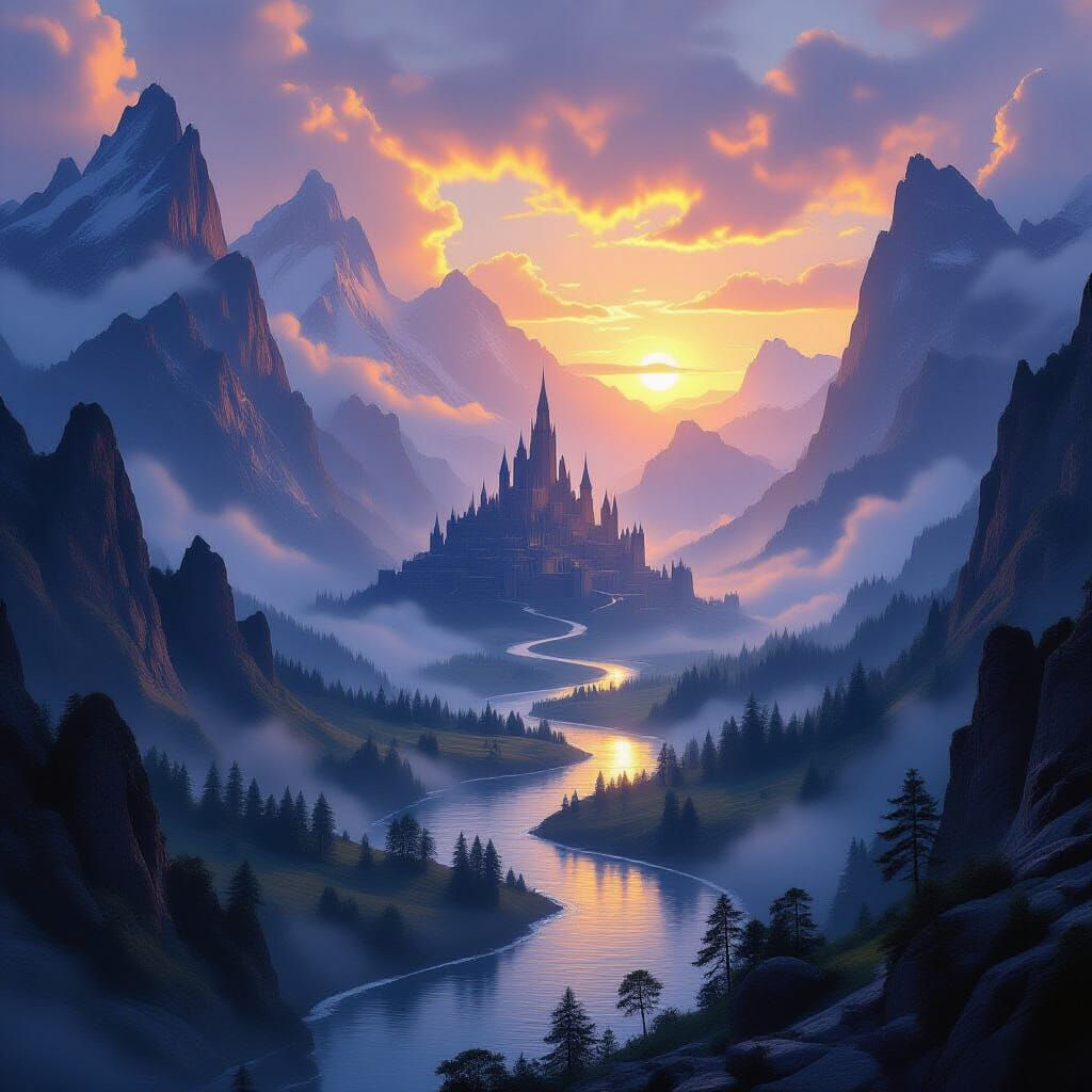 Epic Fantasy Fortress Landscape at Sunset