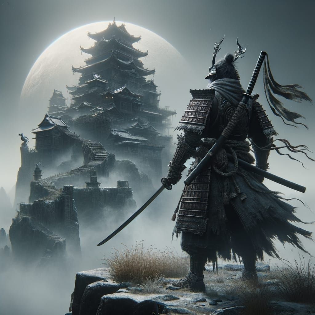 Samurai Silhouette Overlooking Floating Castle