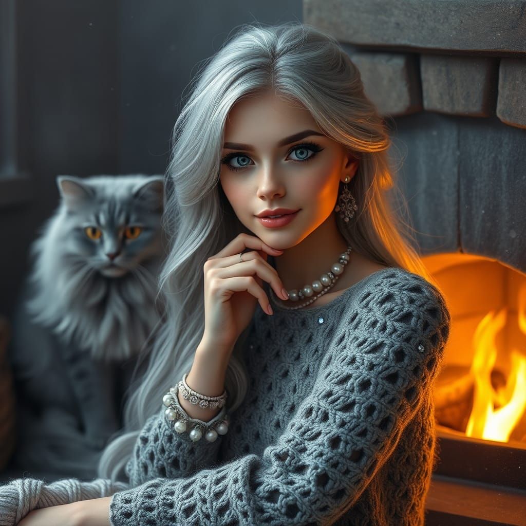 a beautiful woman (correct anatomy) with long gray hair, large gray eyes, a slight smile, pink plump lips,long black eye...