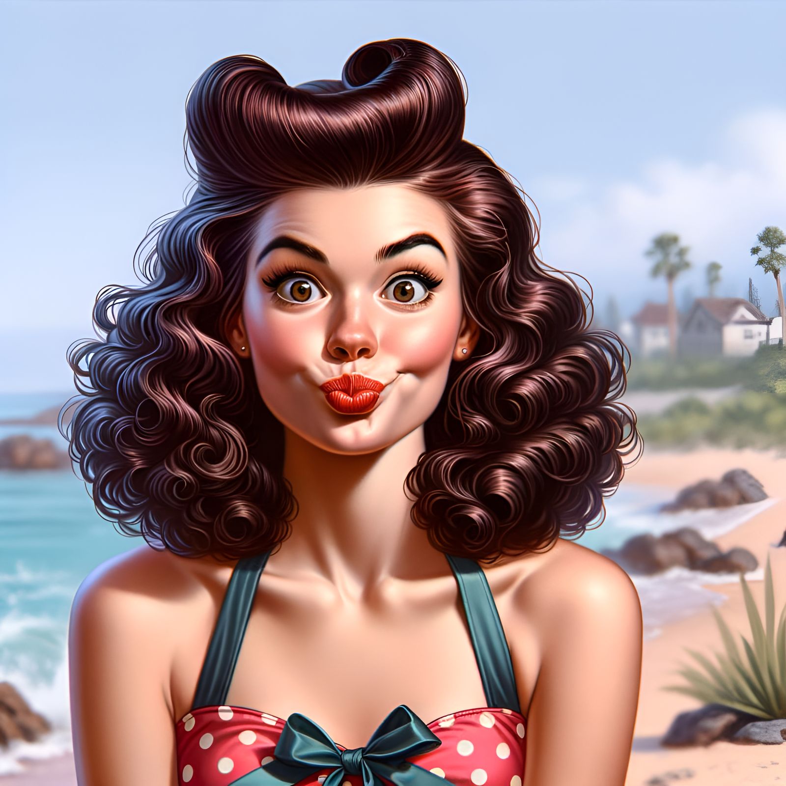 Pin-Up Style Woman with Silly Face at Beach