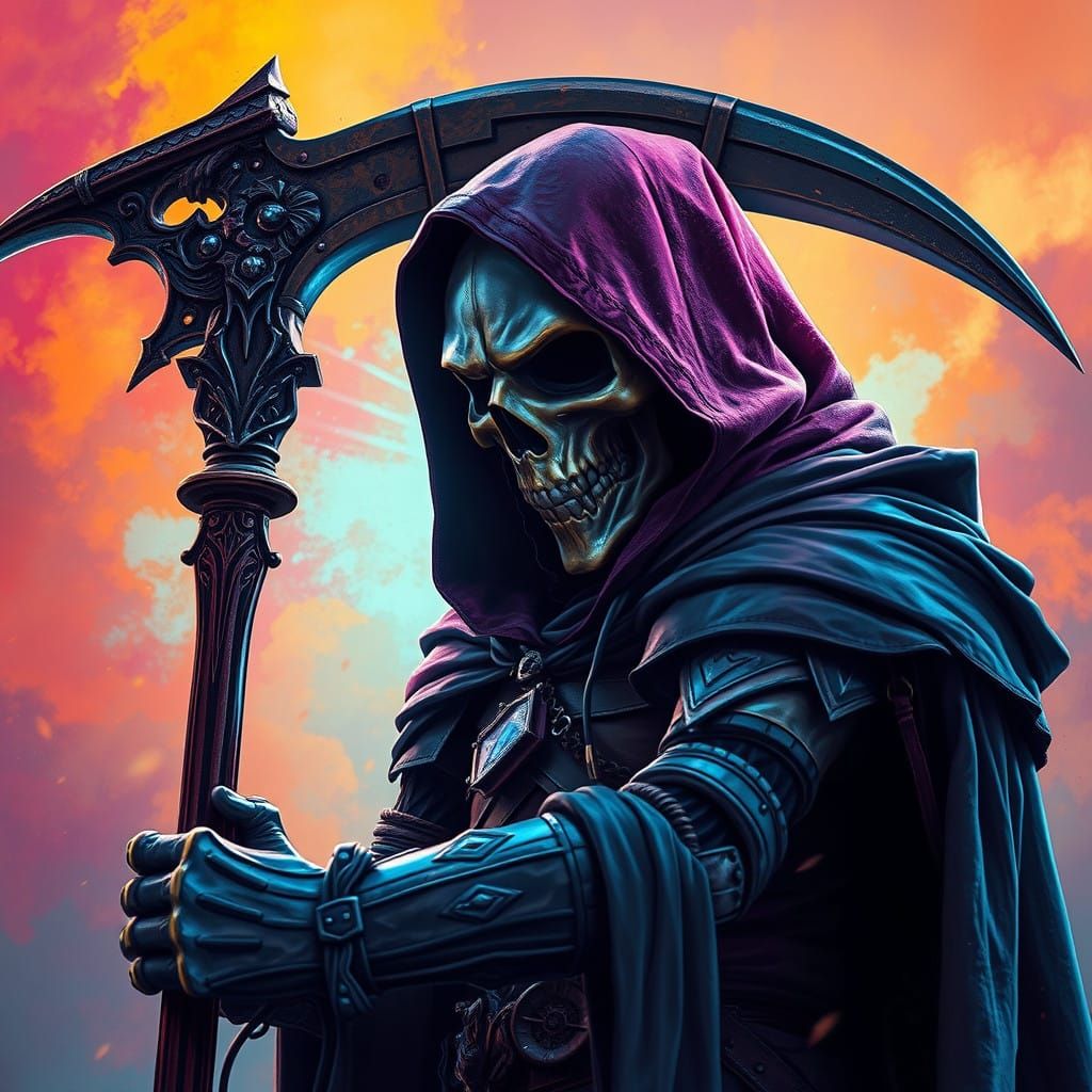 Grim Reaper in Hyperrealistic Armor, Ready to Strike